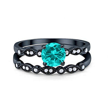 Art Deco Engagement Piece Ring Black Tone, Simulated Paraiba Tourmaline CZ 925 Sterling Silver